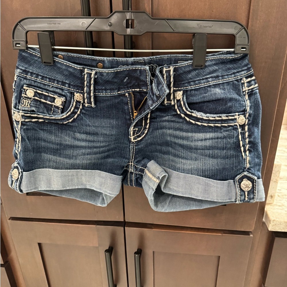 Miss Me Dark Blue Jean Shorts with White Stitching